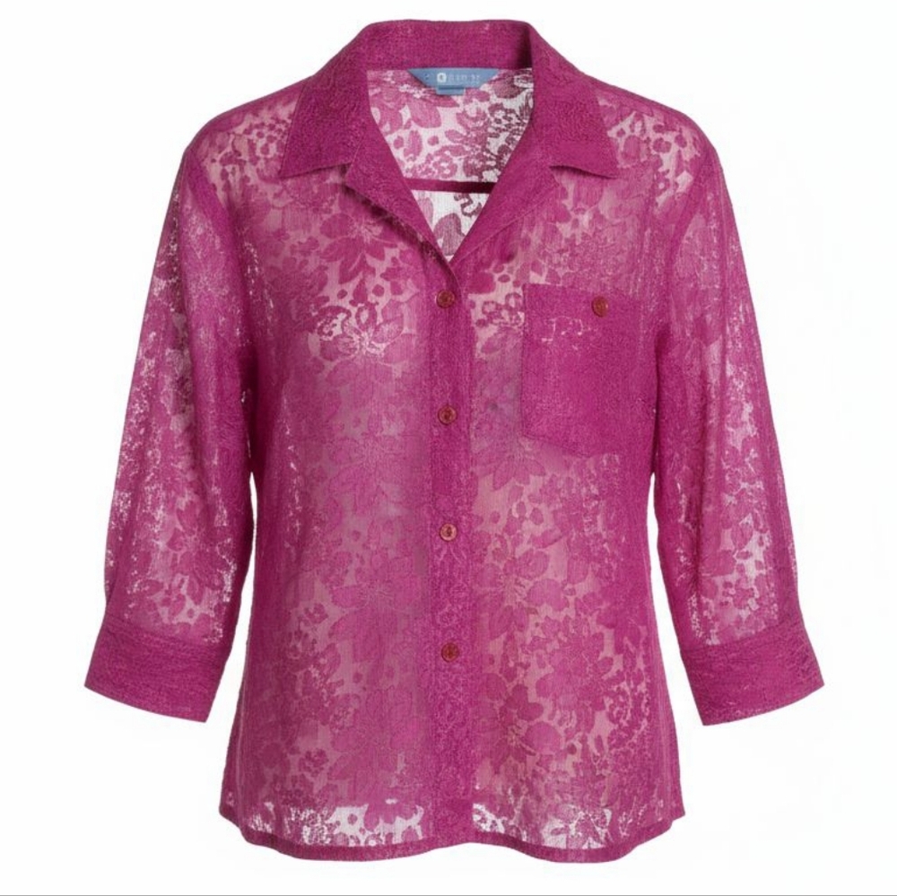Koret Women's Small Lace Button Up Shirt Semi-Sheer Overshirt Purple Floral